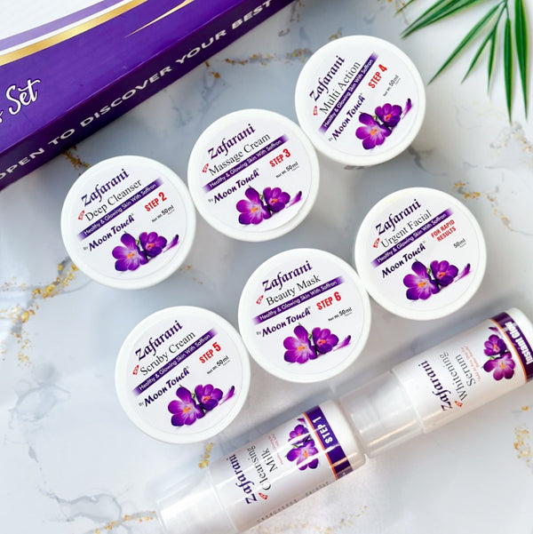Moon Touch New Zafrani Facial Kit | Saffron Brightening Herbal Facial Set for Glowing Skin (8 Pcs)